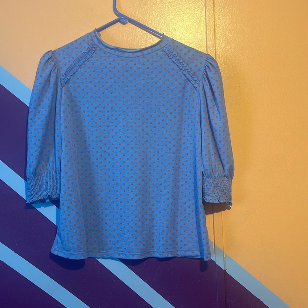Zara blue orange polka dot high neck ruffle blouse S